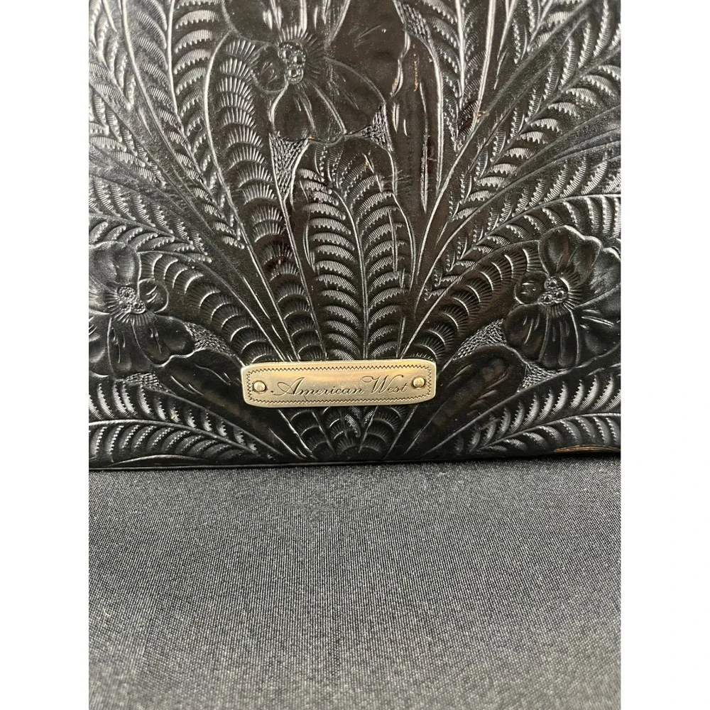 American West Black Hand Tooled Leather Studded Floral Top Handle‎ Handbag Bag